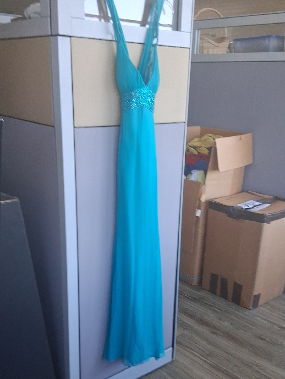 Scala Turquoise Halter Maxi Dress with Beaded Empire Waist. Damage At Bottom